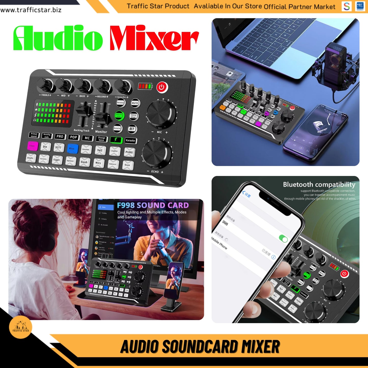 F998 Bluetooth-Compatible Sound Card Studio Record Phone Computer Live Audio Mixer PC Voice Mixing Console Amplifier