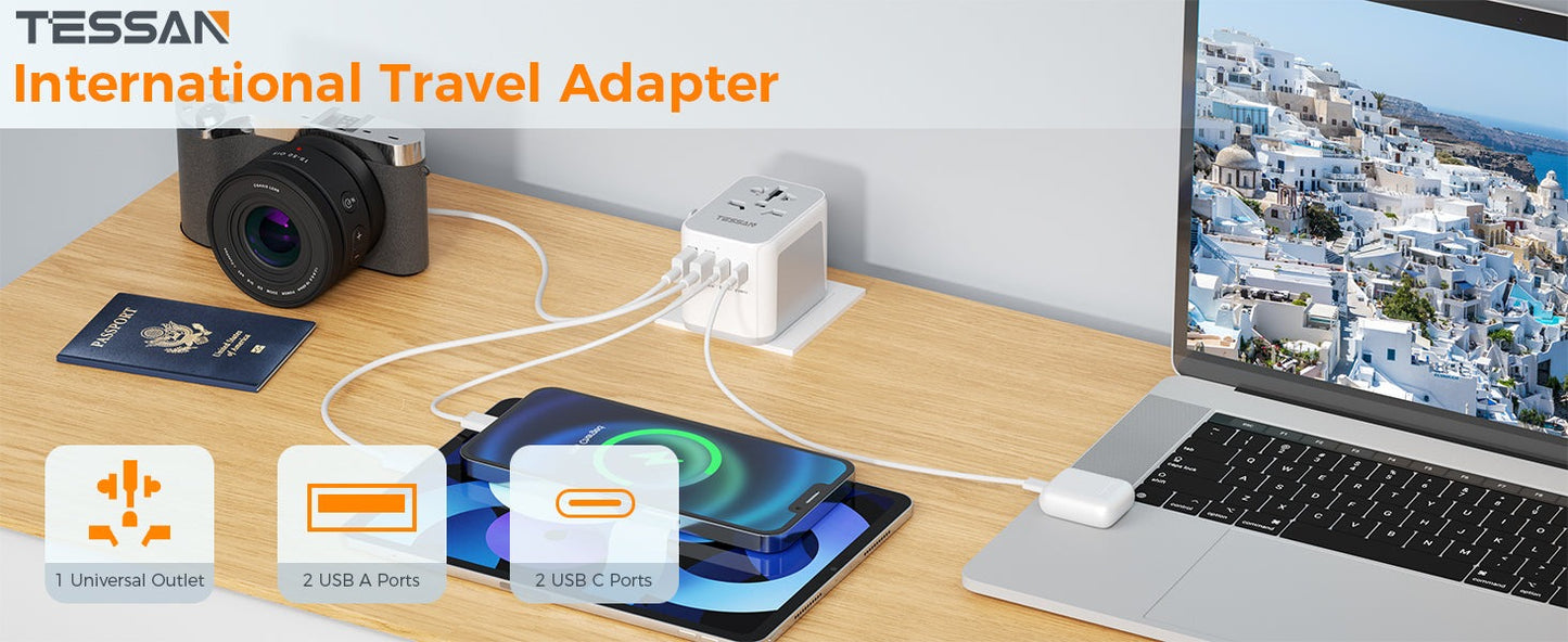 Tessan Universal Travel Adapter with 2 USB C and 2 USB A Ports (Fast Charging PD 17W)