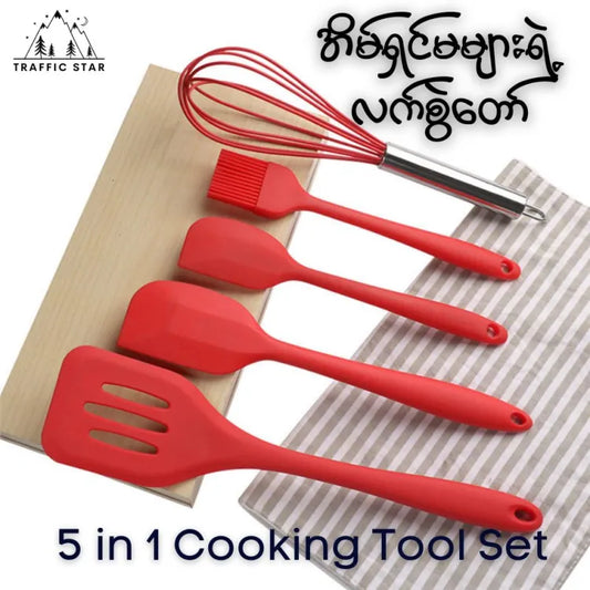 5Pcs/Set Green or Red Silicone Cooking Tool Sets (ငါးမျိုးပါ မီးဖိုချောင်သုံးဇွန်း အစုံလိုက်)